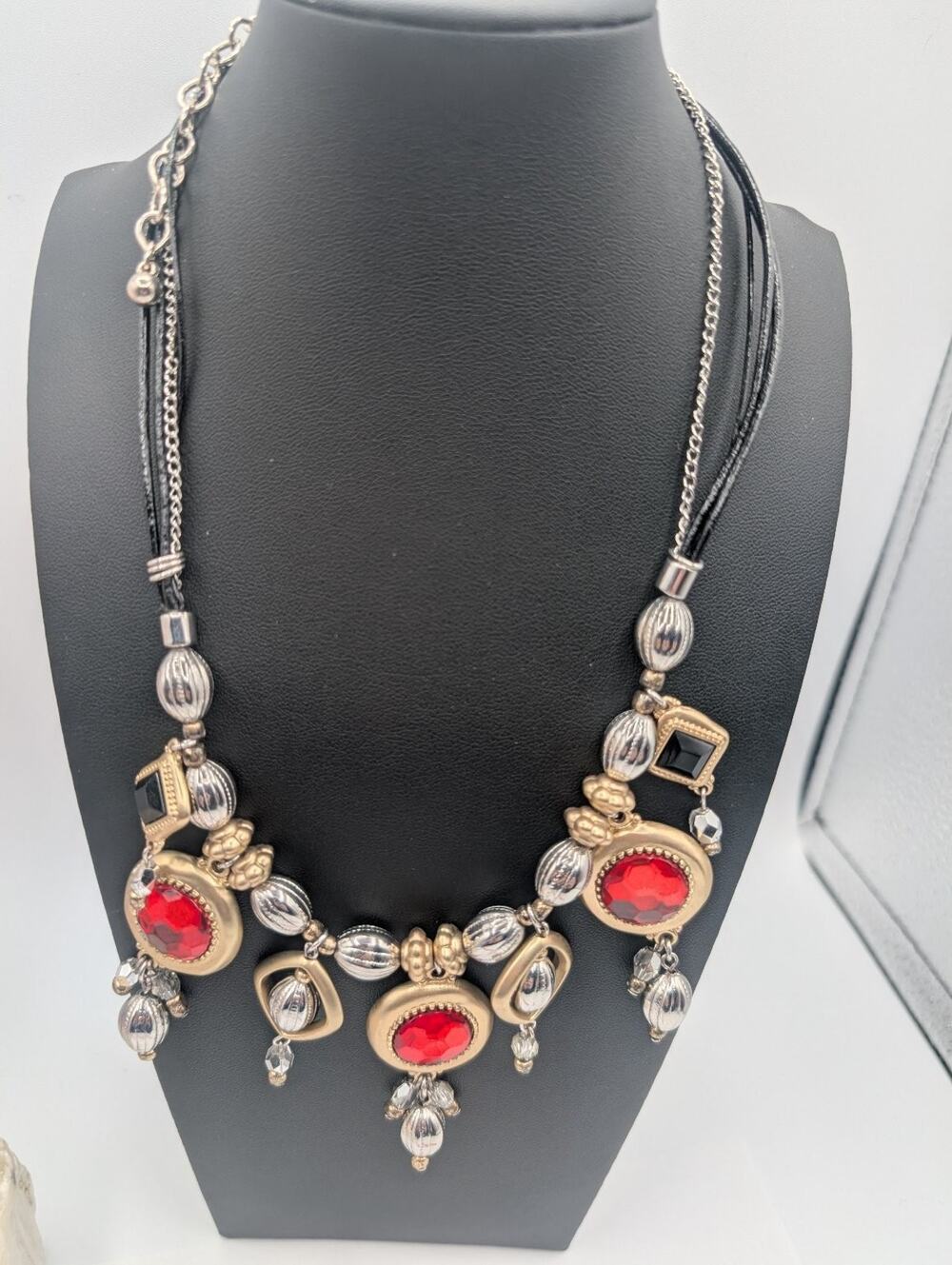 Chico's Red Glass Gem Statement Necklace Black Cord Silver Gold Tone Adjustable